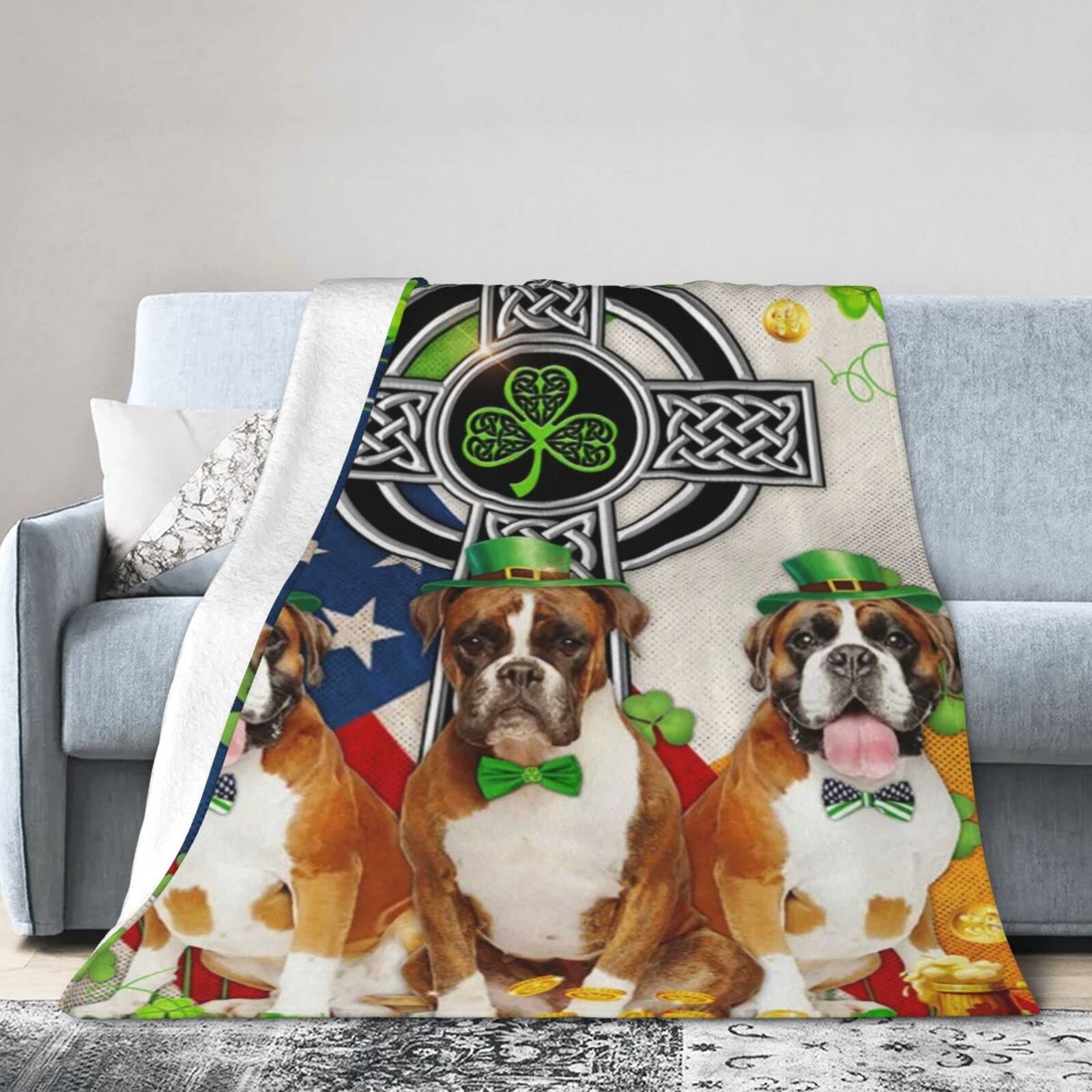 Lsjuee Flannel Fleece Blanket 80"X60" Boxer. Irish Celtic Knot Cross Sofa Throw Blanket Quality Ultra-Soft Travel Spring Blankets for Mens Keep Warm