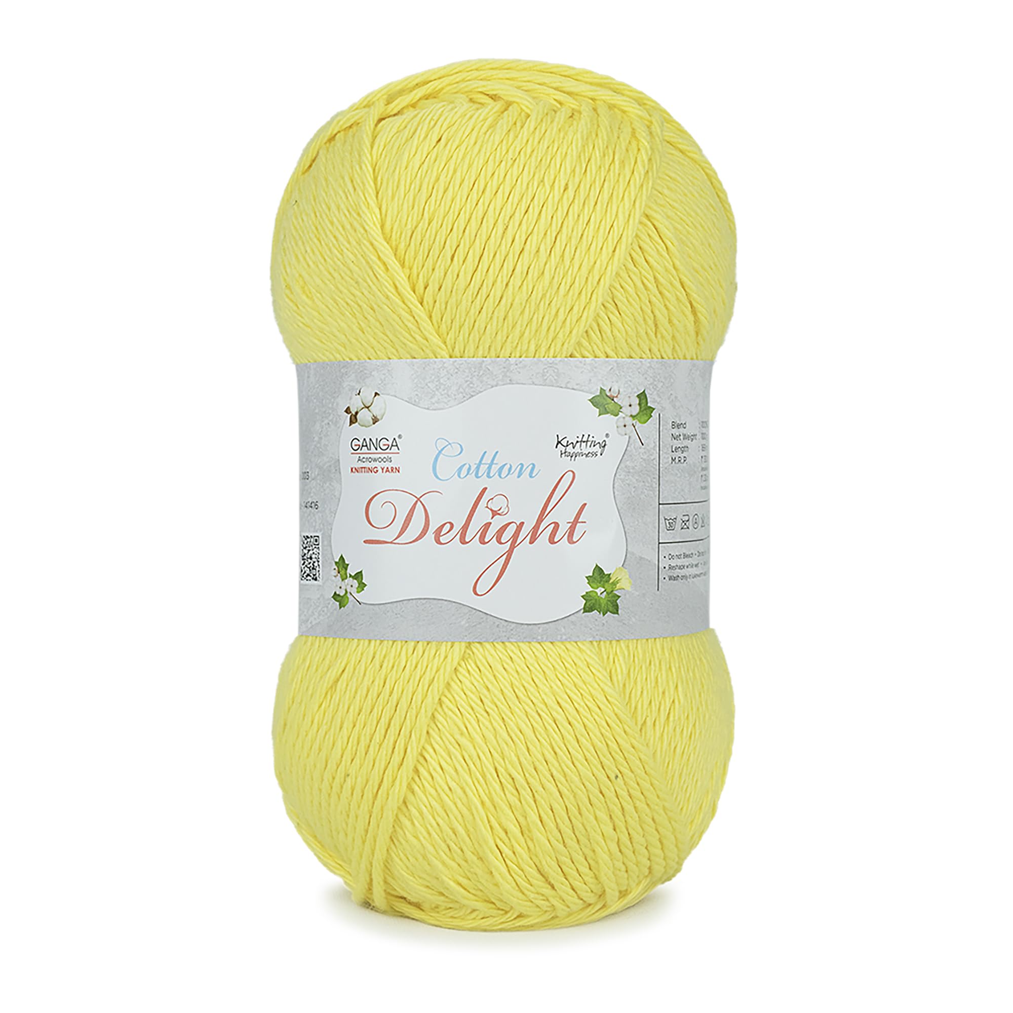 Ganga Acrowools Cotton Delight, Dk Weight Cotton Yarn, Oekotex Class L Certified 100G, 169M COD033 Lemon