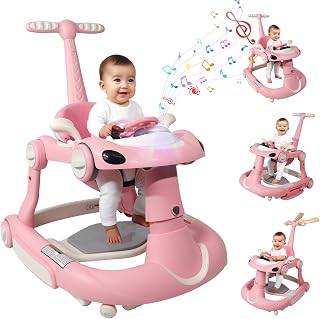 Lerrutue 4-in-1 Foldable Baby Walker with Music Steering Wheel, Adjustable Heights, Anti-Slip Wheels - Pink for 6-18 Months