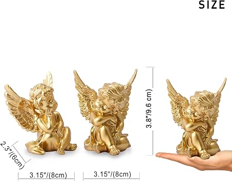 OwMell Set of 2 Cherub Angels Resin Statue Figurine, Indoor Home Decoration | Gold, Adorable Angel Baby Sculpture Memorial Statue Decor for Shelves Home Office Desktops, Gold Decor Cherub Angel Gift