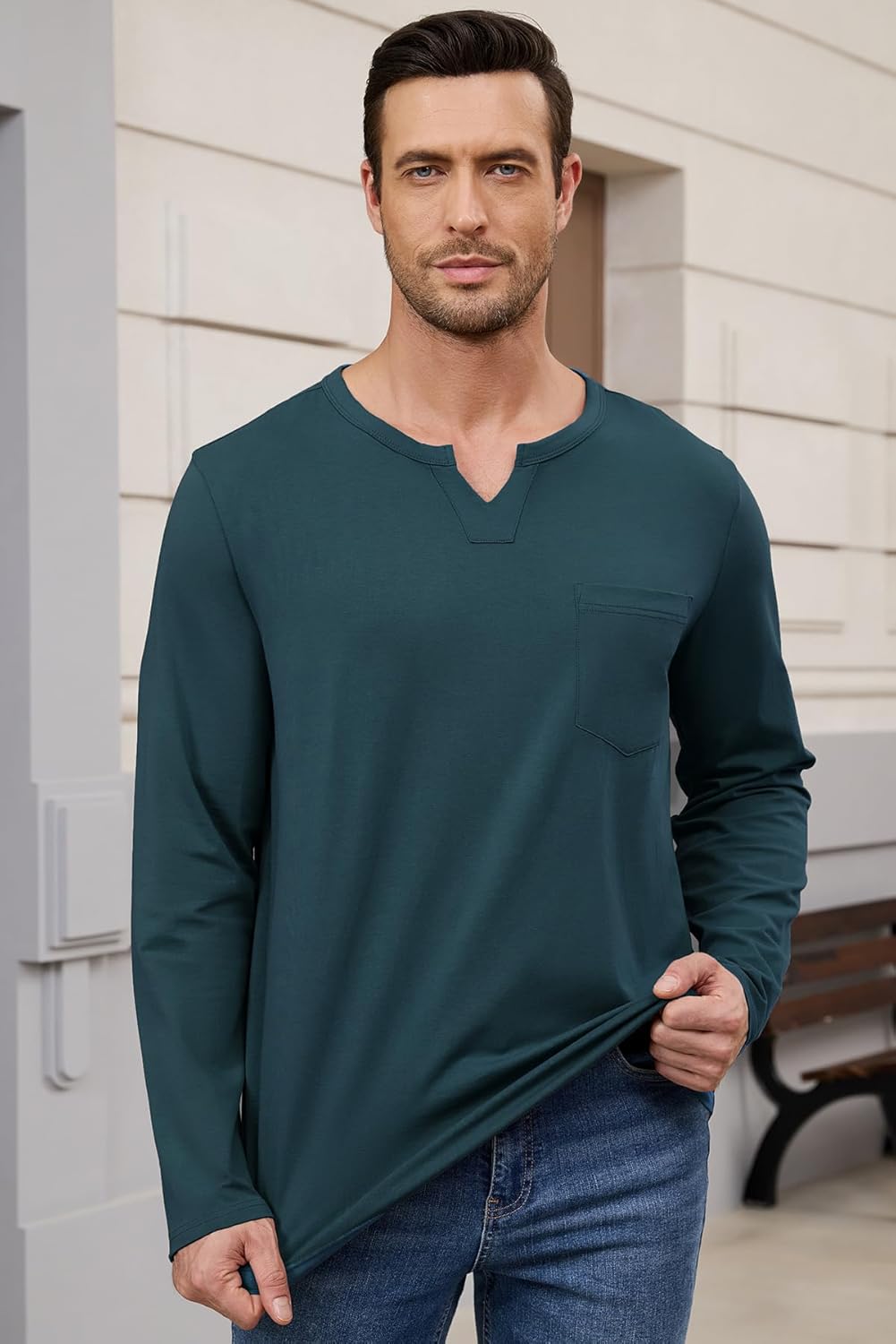Men's Casual Cotton V Neck Long Sleeve T-Shirts Solid Fall Pullover Basic Tee Tops with Pocket with Pocket - Image 2