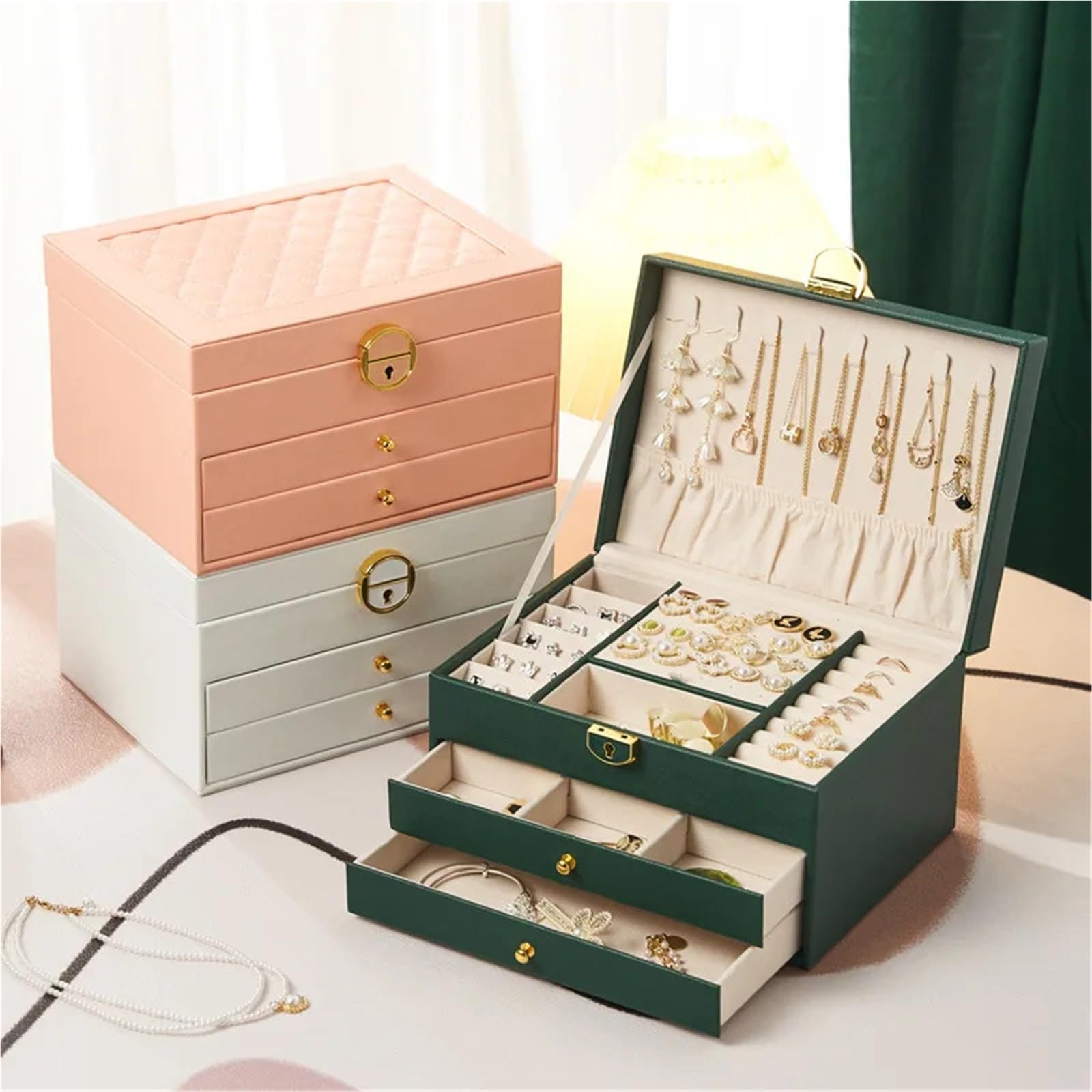 Portagioie Scatola di immagazzinaggio di Gioielli con Serratura a cassetto a Tre Strati, Collana, Anello, Orecchio, Scatola di immagazzinaggio di Gioielli per I Gioielli(Pink)
