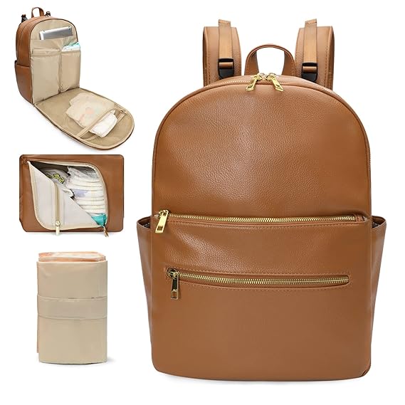 Diaper Bag Backpack Baby Bag by Omanmoli Leather Diaper Bag Backpack Mom Dad Large Capacity with 18 Pockets, Changing Station