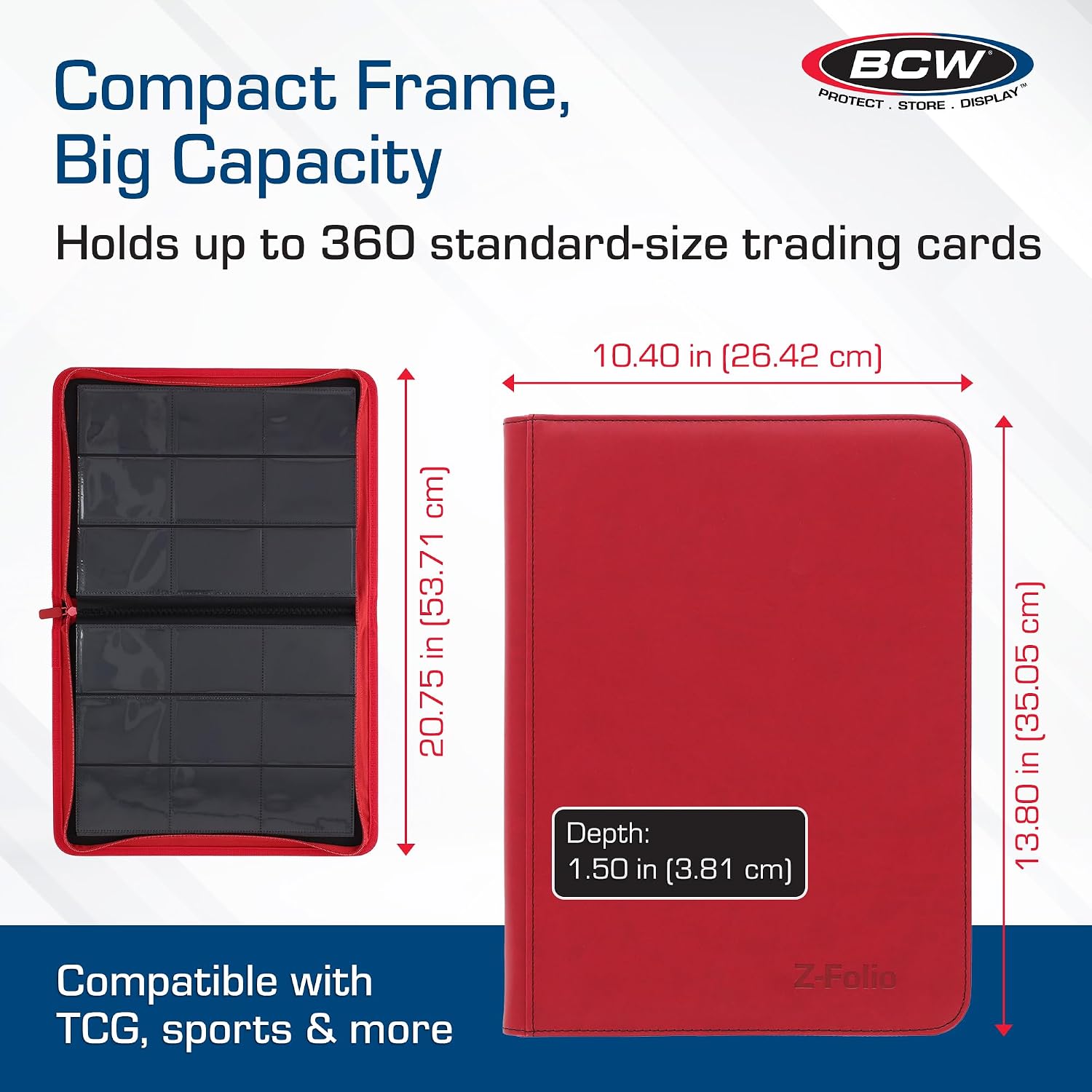 BCW Z-Folio 9-Pocket LX Album - Red | Secure Zipper Card Organizer | Premium Leatherette Card Collection Binder | Trading Card Binder for Pokemon, MTG, Sport Cards and More