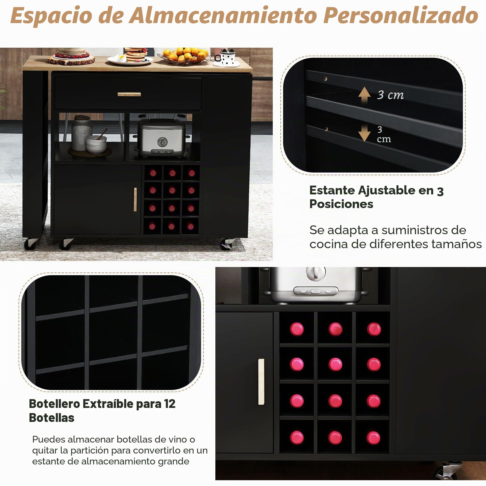 KOMFOTTEU Carro de Cocina con Encimera Giratoria, Isla de Cocina con Cajón, Botellero para 12 Botellas de Vino, Carrito Auxiliar con Estante Ajustable, Mueble Buffet para Comedor, Bar (Negro)