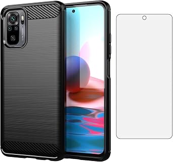 Asuwish Phone Case for Xiaomi Redmi Note 10 5G with Tempered Glass Screen Protector Cover and Cell Accessories Slim TPU Silicone Protective Poco M3 Pro/Redme Note 10T G5 Women Men Carbon Fiber Black