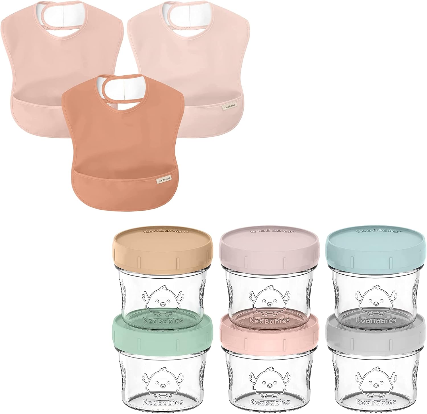 KeaBabies 3-Pack Waterproof Baby Bibs for Eating and 6-Pack Glass Baby Food Containers - Lightweight Baby Bib with Food Catcher - 4 oz Leak-Proof, Microwavable - Mess Proof Toddler Bibs