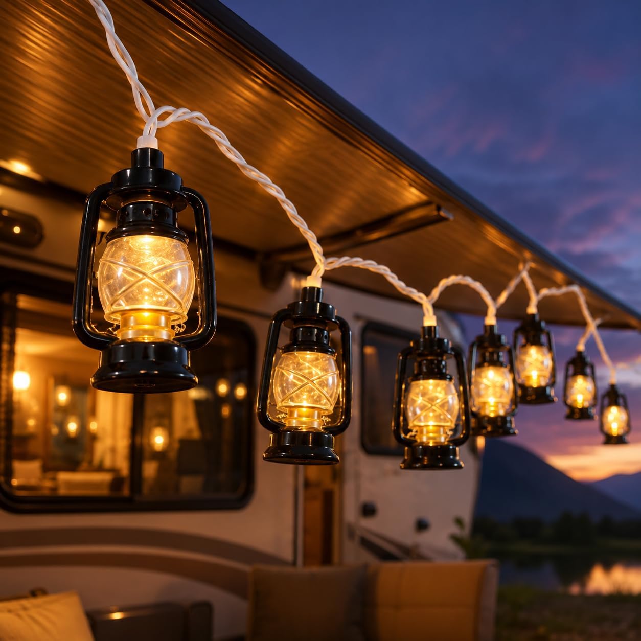 Kerosene Lantern String Lights, 8.5FT Vintage Camping Lights with 10 Black LED Oil Lamps, Waterproof Connectable Plug in Lantern Light for RV Awning, Patio, Tent, Bedroom and Holiday Decor, Warm White