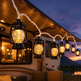 Kerosene Lantern String Lights, 8.5FT Vintage Camping Lights with 10 Black LED Oil Lamps, Waterproof Connectable Plug-in Lantern Light for RV, Patio, Tent, Bedroom, Holiday Decor