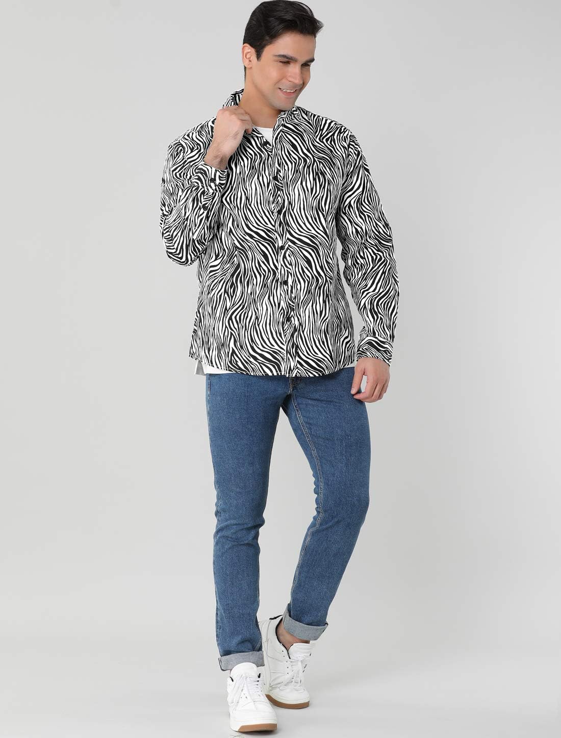 Lars Amadeus Men's Vintage Leopard Animal Print Button Down Long Sleeve Casual Shirt