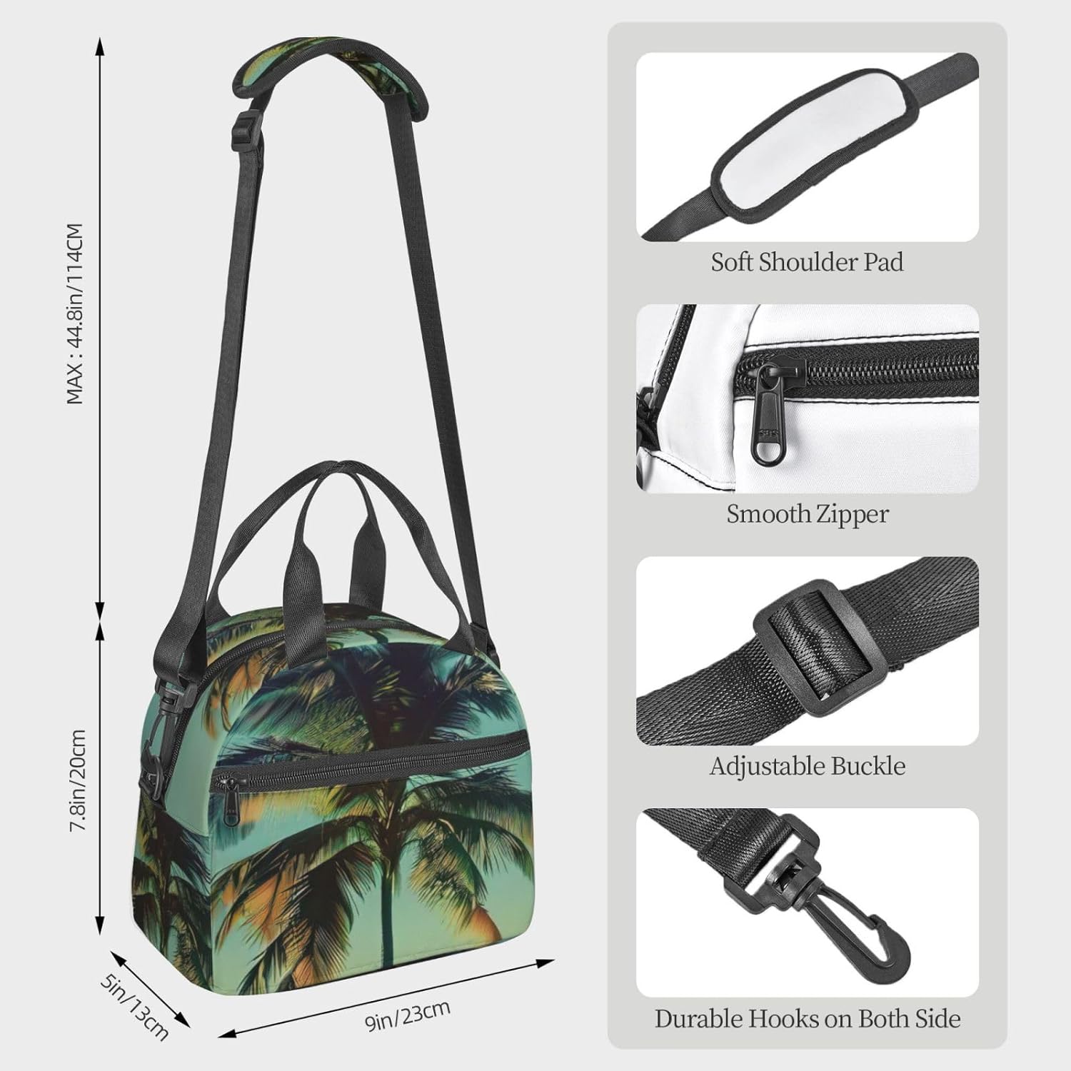 Palm Tree Print Reusable Lunch Bag Insulated Lunch Boxes for Office Work Picnic Tote Bag Adjustable