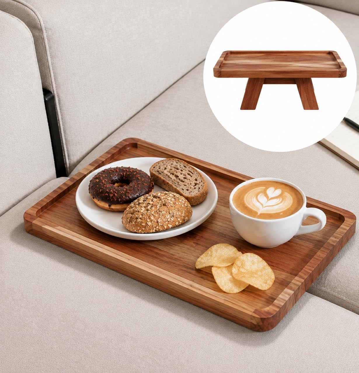 Acacia Wood Couch Tray Between Cushion, Folding Sofa Table Insert for Middle Organizer for Snacks, Drinks, Remotes,15x10.3-inch(Acacia Wood)
