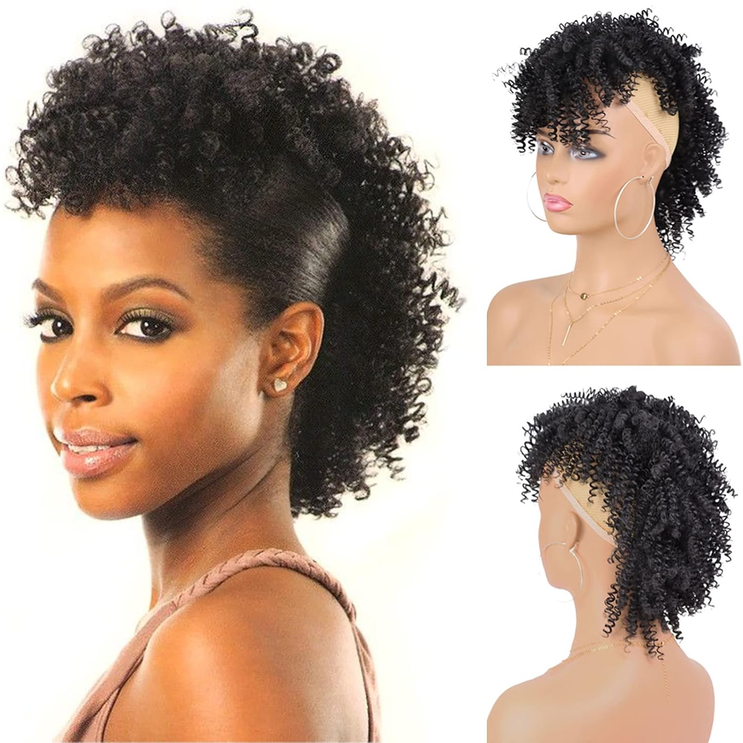 G&T Wig Mohawk Ponytail Extension for Women, Afro Kinky Curly Ponytails with Bangs,Wrap Updo Clip in Hair Extensions Costume Cosplay Halloween Party Wig(2#)