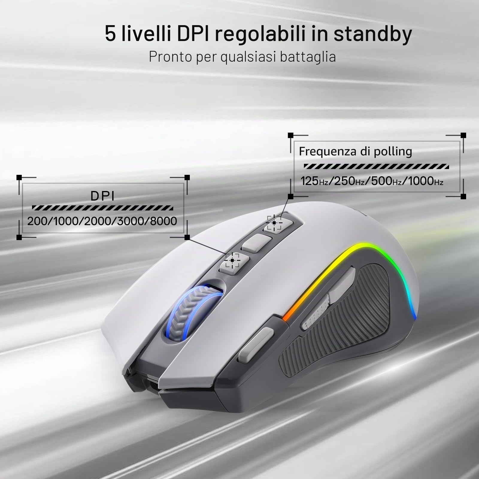 Redragon M612 PRO Mouse Gioco Wireless 8000 DPI 9 Tasti BT/2.4G