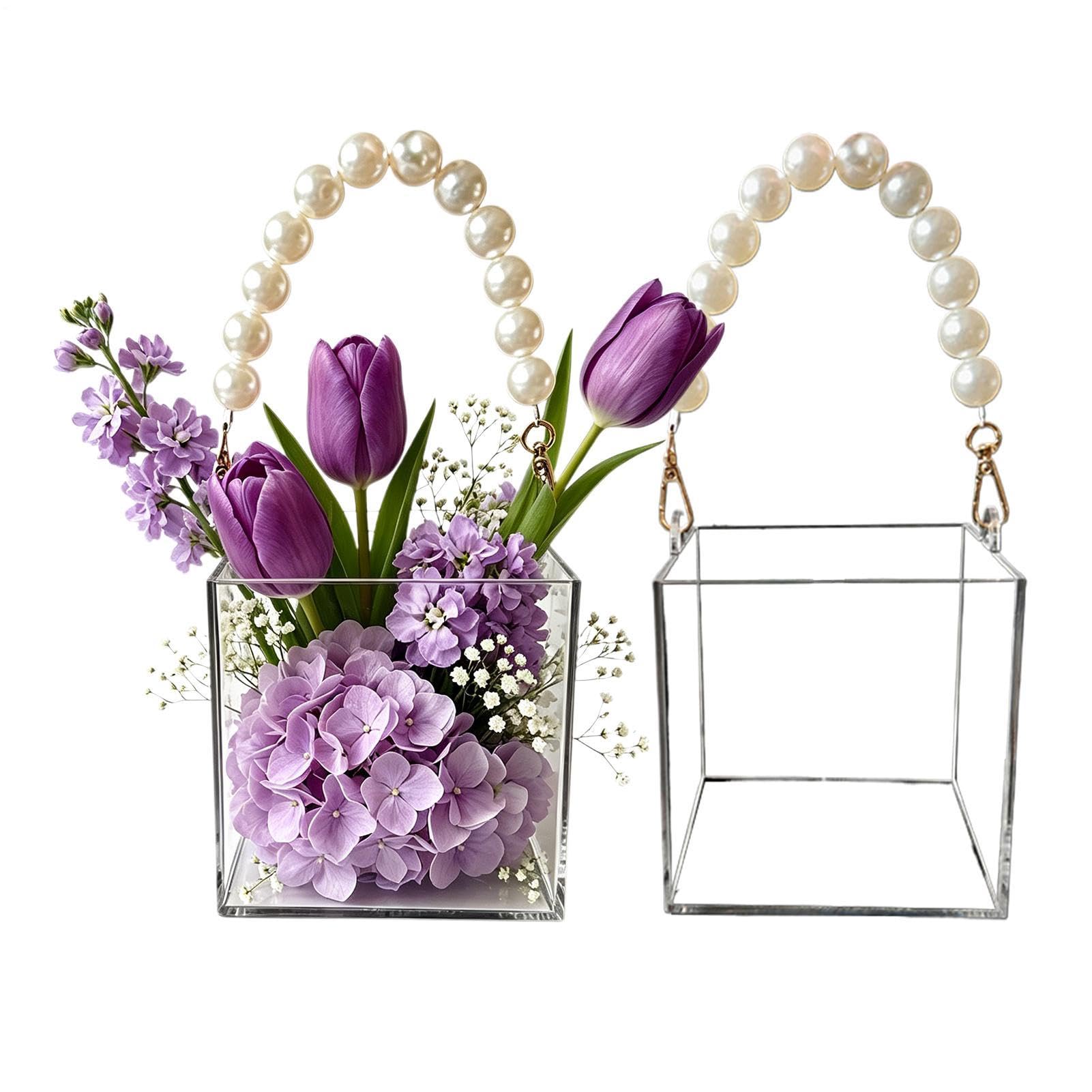 Cesta para niña de flores de diseño acrílico premium y asa perlada exclusiva