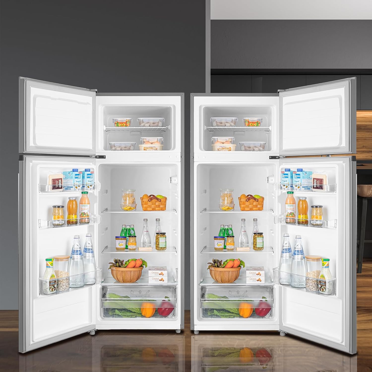 Midea MERT210FGE50 Frigorifero doppia porta 204 L, frigorifero combinato, 176kWh/annum, controllo della temperatura regolabile, Luce LED, Argento [Classe di efficienza energetica E]