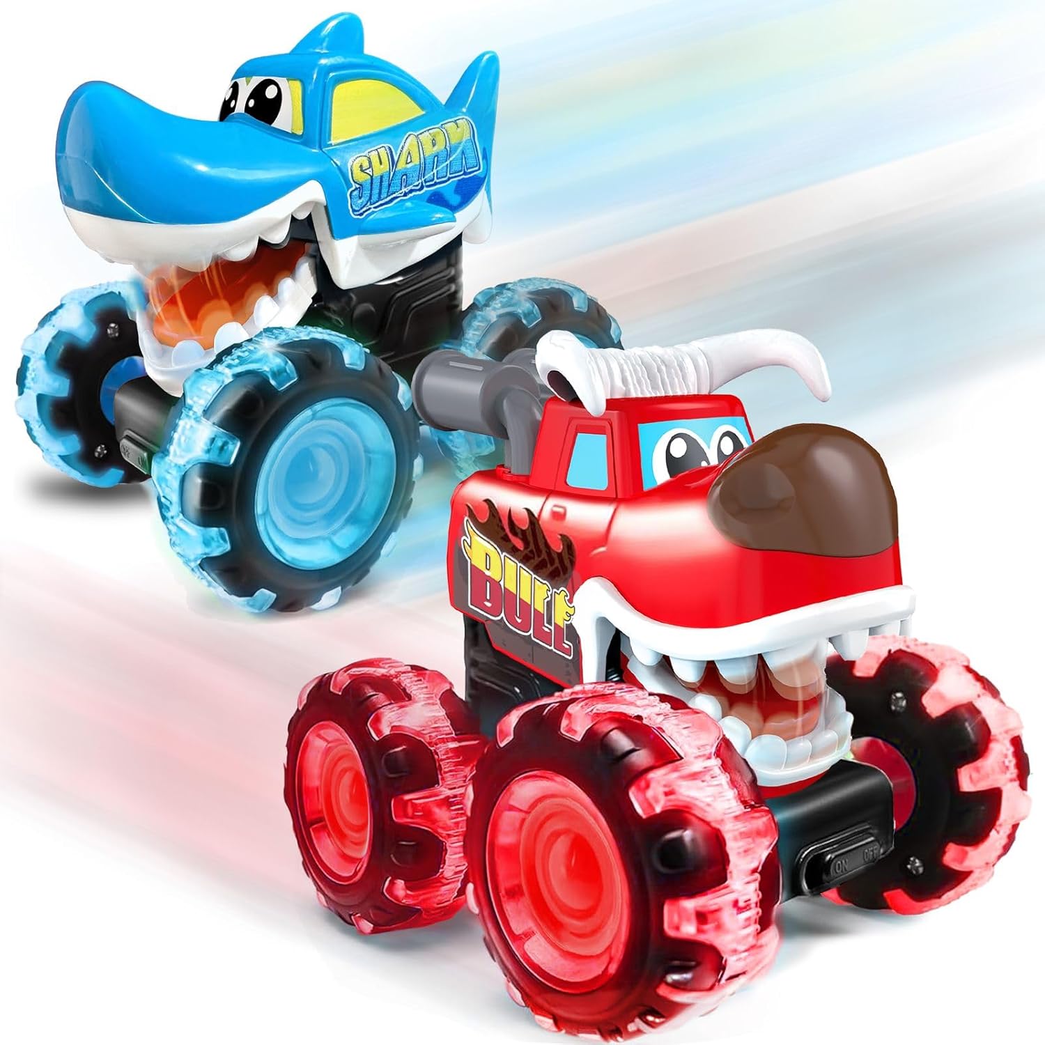 stargo 2 Pack Monster Truck Toy - Motion Activated Pull Back Light-Up Cars for Toddlers - Monster Shark & Bull with Lightning Wheels, Press & Go Cars for Easter Basket Stuffers & Boy Birthday Gifts