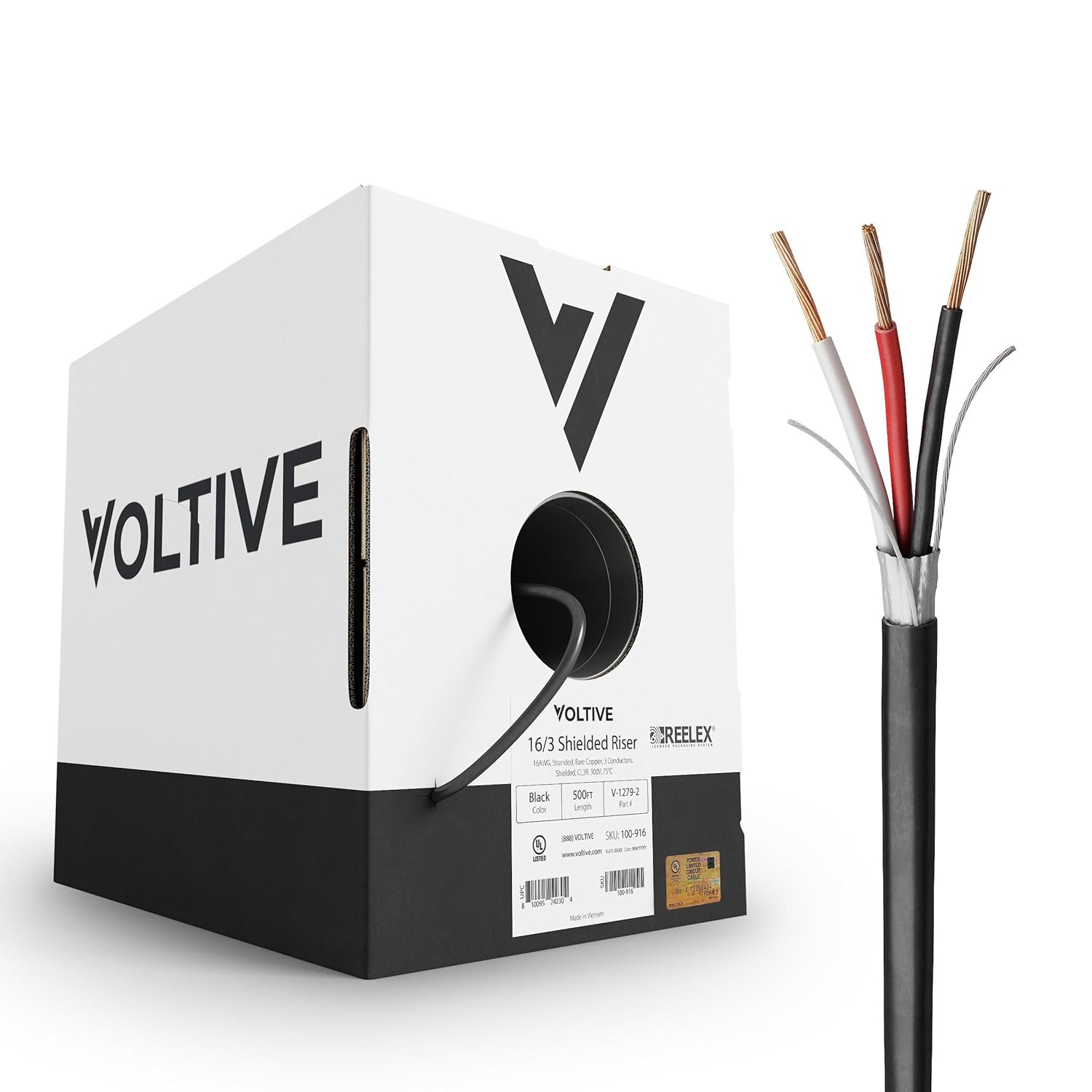 Voltive 18/2 Shielded Low Voltage Wire, Riser CL3R, Black, 500ft - 18AWG, 2 Conductors, Overall Shield, Stranded Bare Copper, UL Listed - V-1253-2