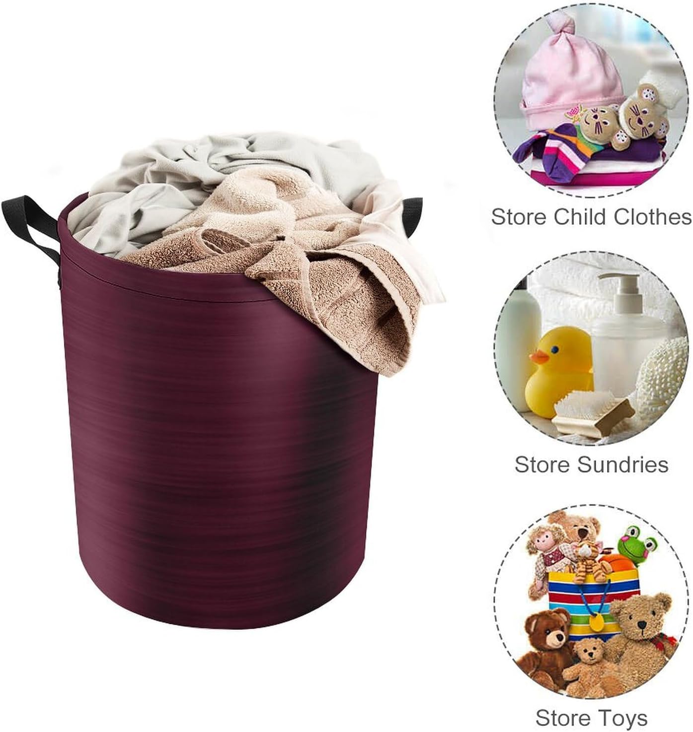 Large Laundry Hamper Bag, Girly Burgundy Brush Metal Laundry Basket with Drawstring Collapsible Dirty Clothes Storage Washing Bin for Bathroom, Dorm Essentials