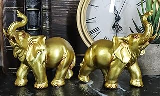 Ebros Gift Gold Patina Feng Shui Auspicious Elephants with Trunk Up Statue Set of 2 Thai Buddhism Noble Elephant Pair Trumpeting Left and Right Directions Animal Sculpture