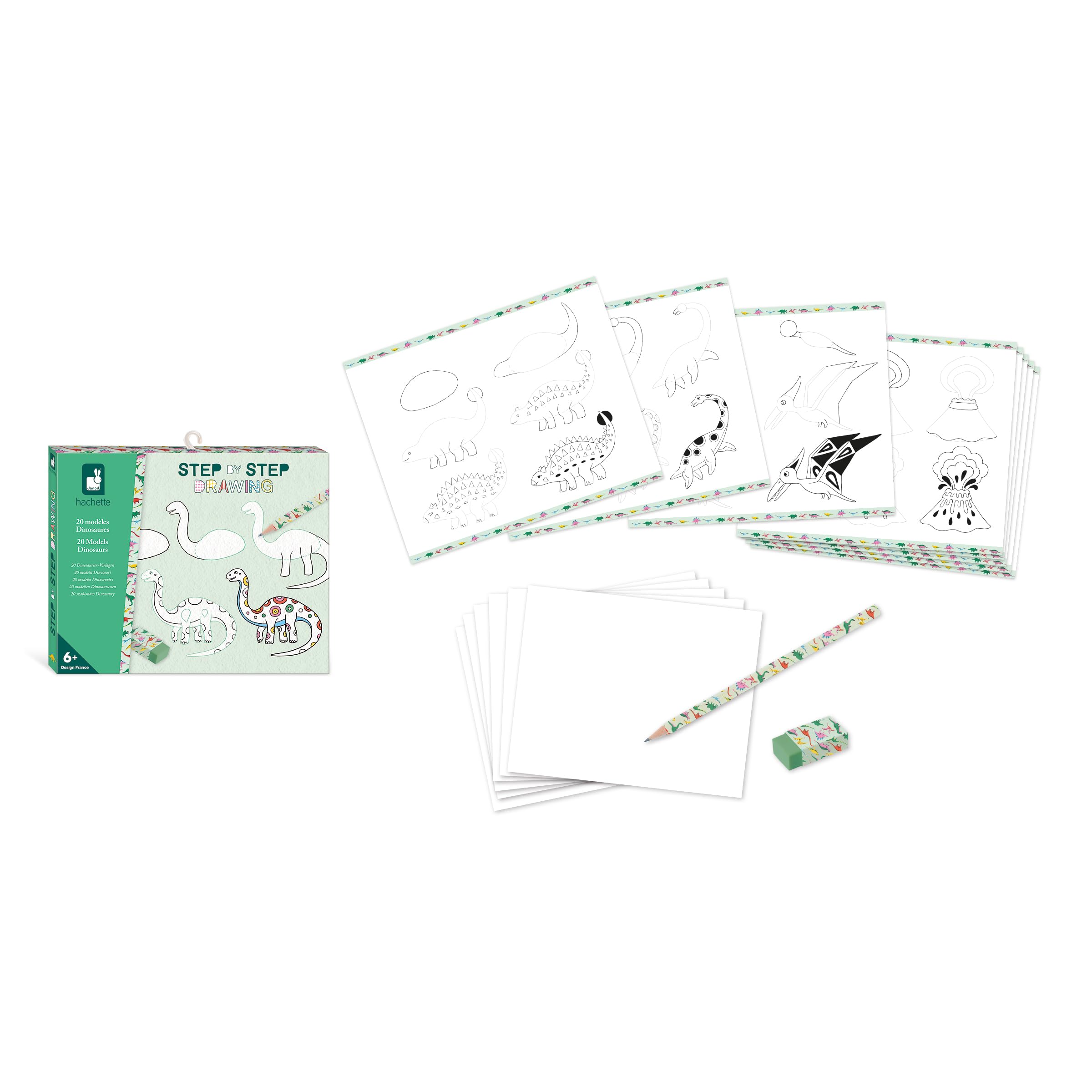 Janod - Step by Step Drawing - Naucz się rysować - 20 modeli Dinos - Zestaw rysunkowy dla dzieci - Nauka rysowania i koncentracji - Od 6 lat - J09154