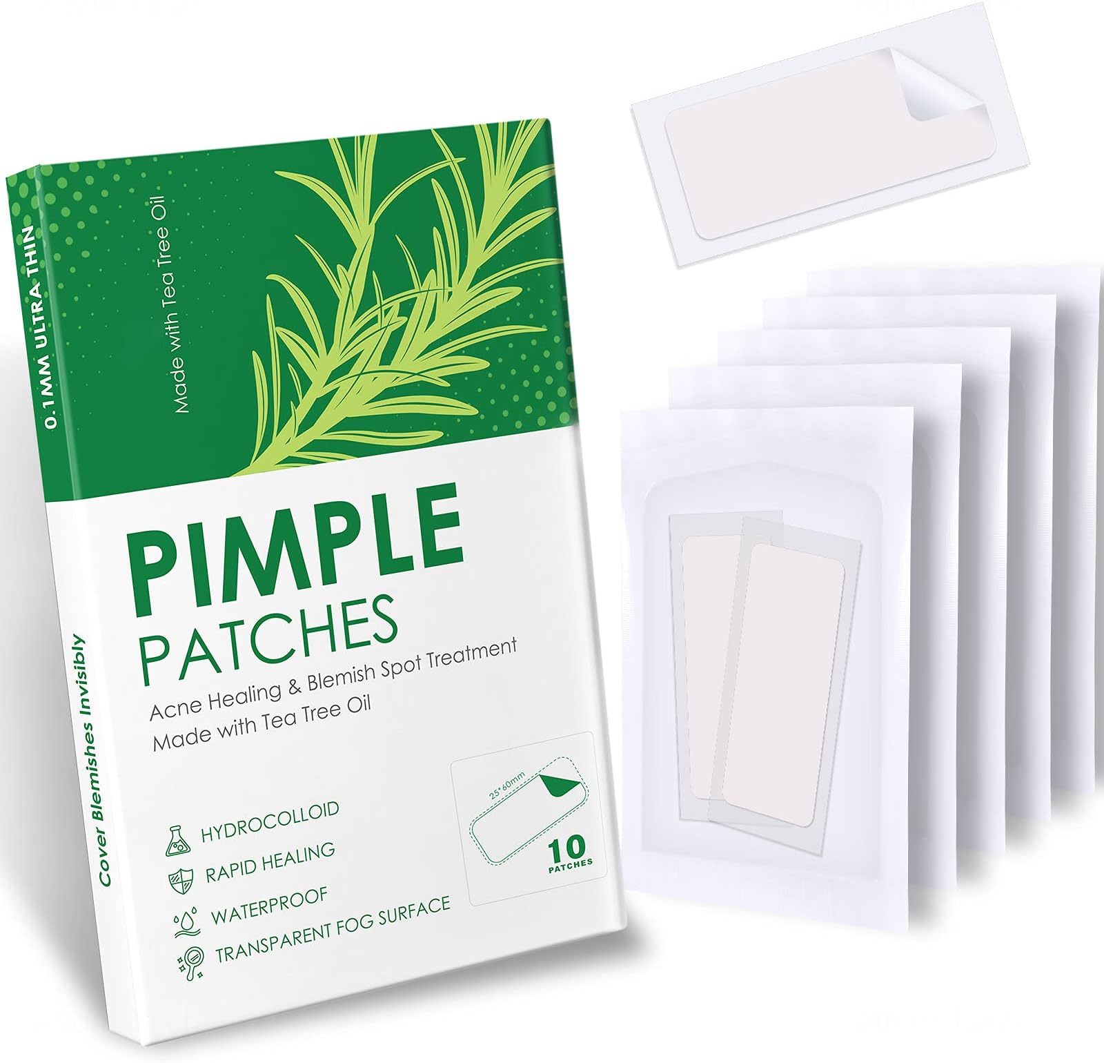 NiHealth Large Tea Tree Oil Acne Pimple Patch Absorbing Hydrocolloid Spot Transparent Matte Blemish Cover for Face, Body, Skin, 25mm&60mm (10 Counts)