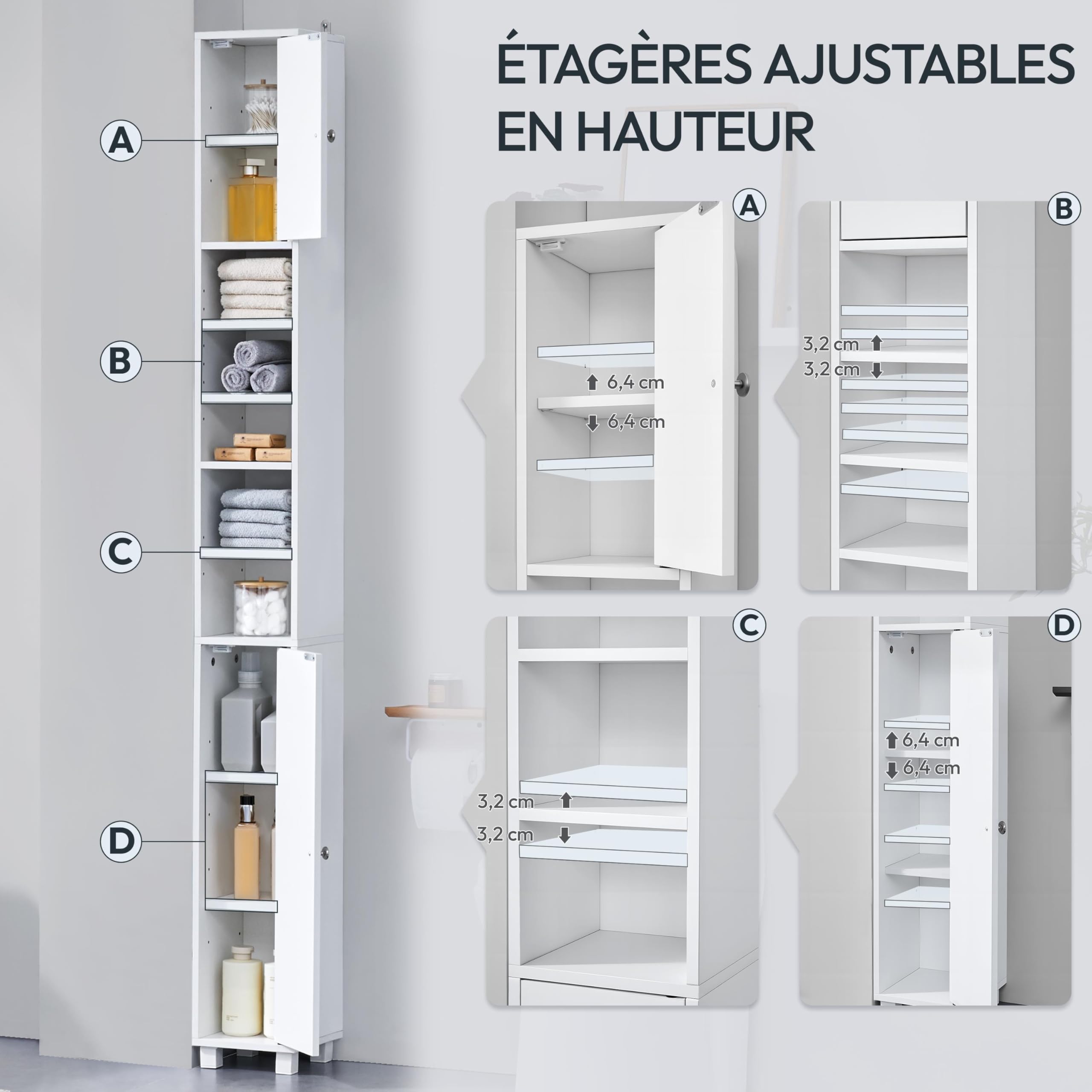 Abician Meuble Colonne Salle de Bain 20 cm - Armoire de Rangement Étroite avec Tiroir et Étagères Réglables - Meuble Salle de Bain Compact pour WC, Blanc, 20x20x180cm