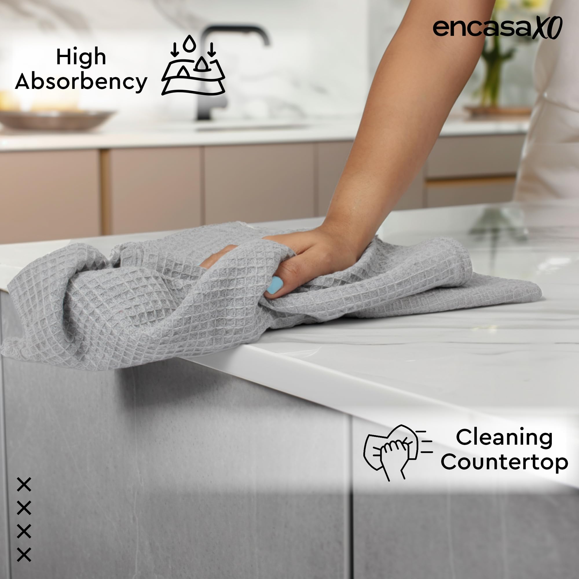 Encasa XO Kitchen Towels, Reusable Cotton Waffle Weave Dishcloths Grey 1