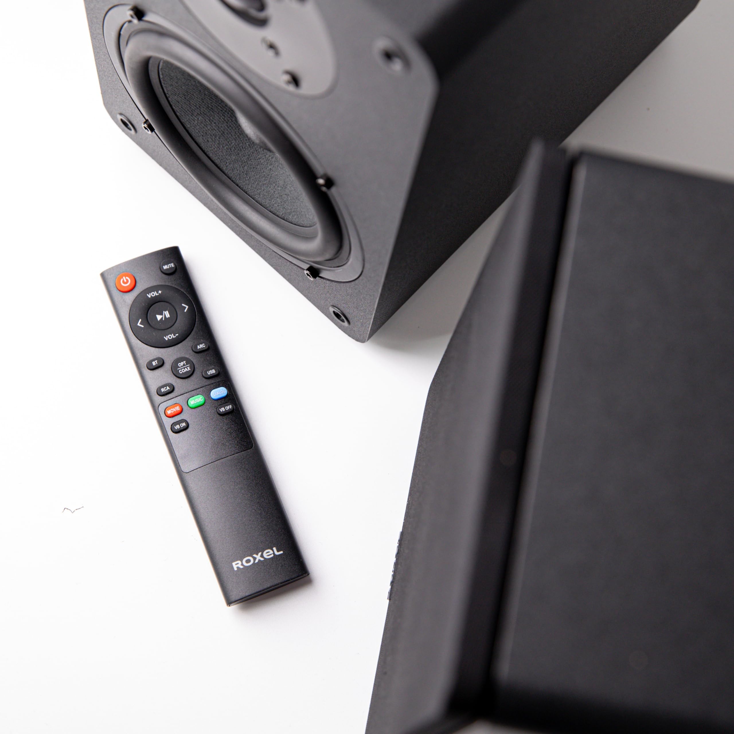 Roxel Onyx Active Bookshelf Speakers, 100W RMS, 2.0 CH, BT Wireless, RCA, HDMI ARC, USB, Dynamic Sound for Film, Music, Office