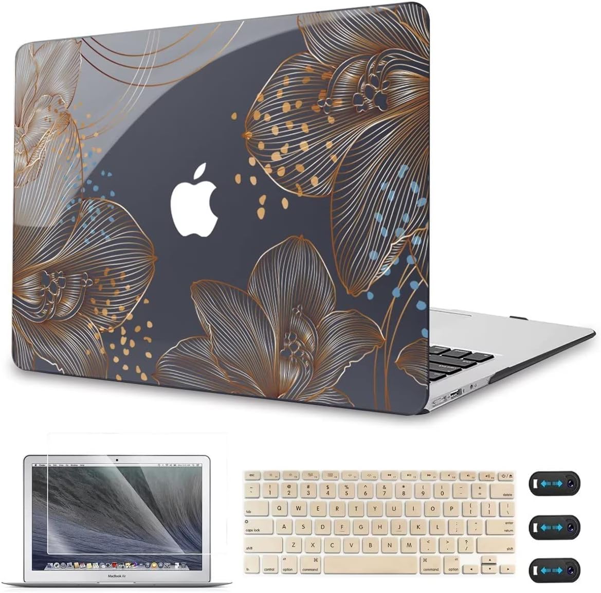 CISSOOK Compatible with MacBook Air 13 inch Case Models: A1369 & A1466, Older Version 2010-2017 Release, Plastic Hard Shell Case & Keyboard Cover Protector for MacBook Air 13.3", Gorgeous Gold Floral
