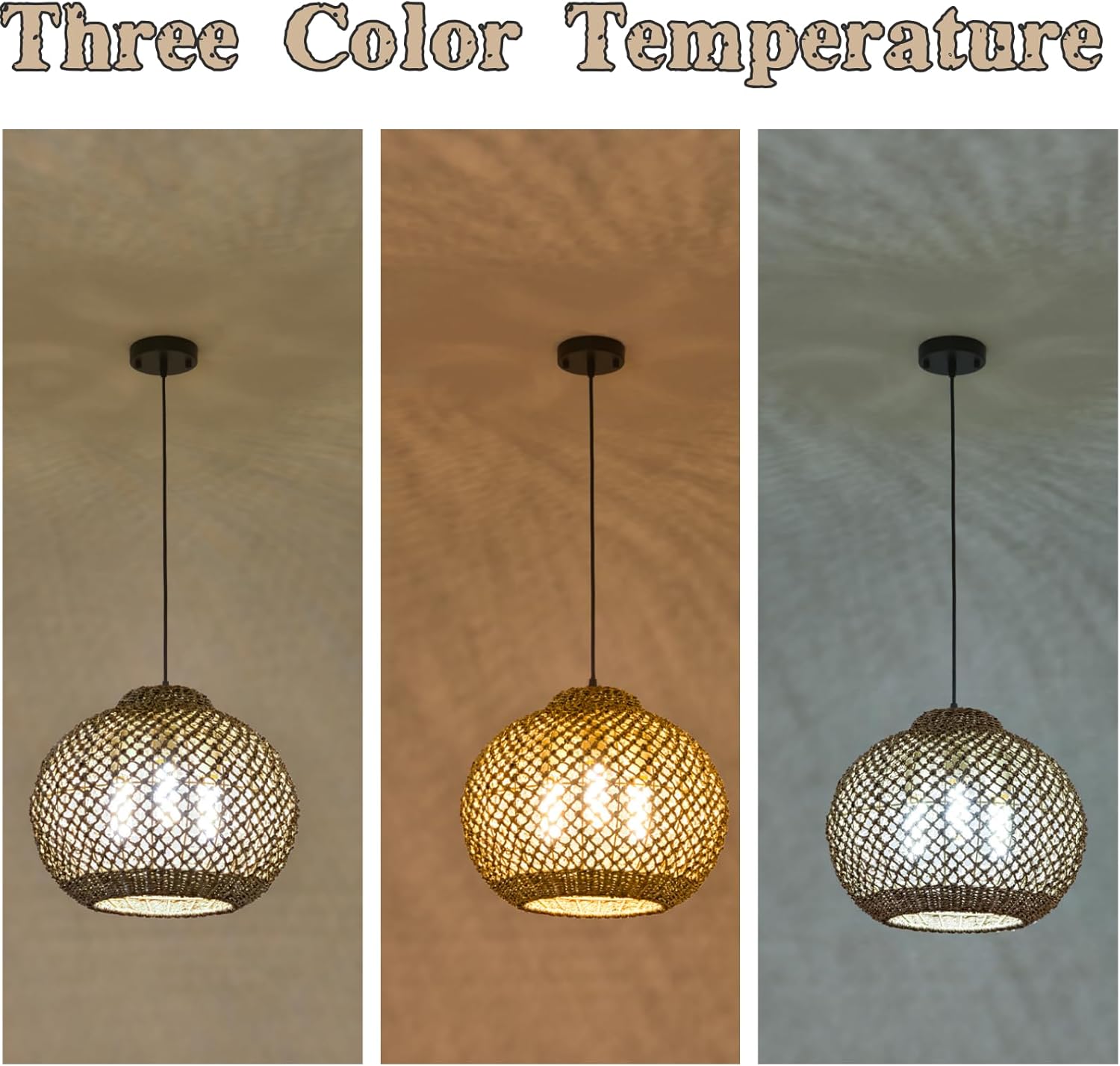 Farmhouse Rattan Chandelier 17” Boho Natural Seagrass Hanging Pendant Lights 3-Lights Hand-Woven Wicker Dining Room Light Fixture for Kitchen Island Entry Living Room Bedroom Hallway