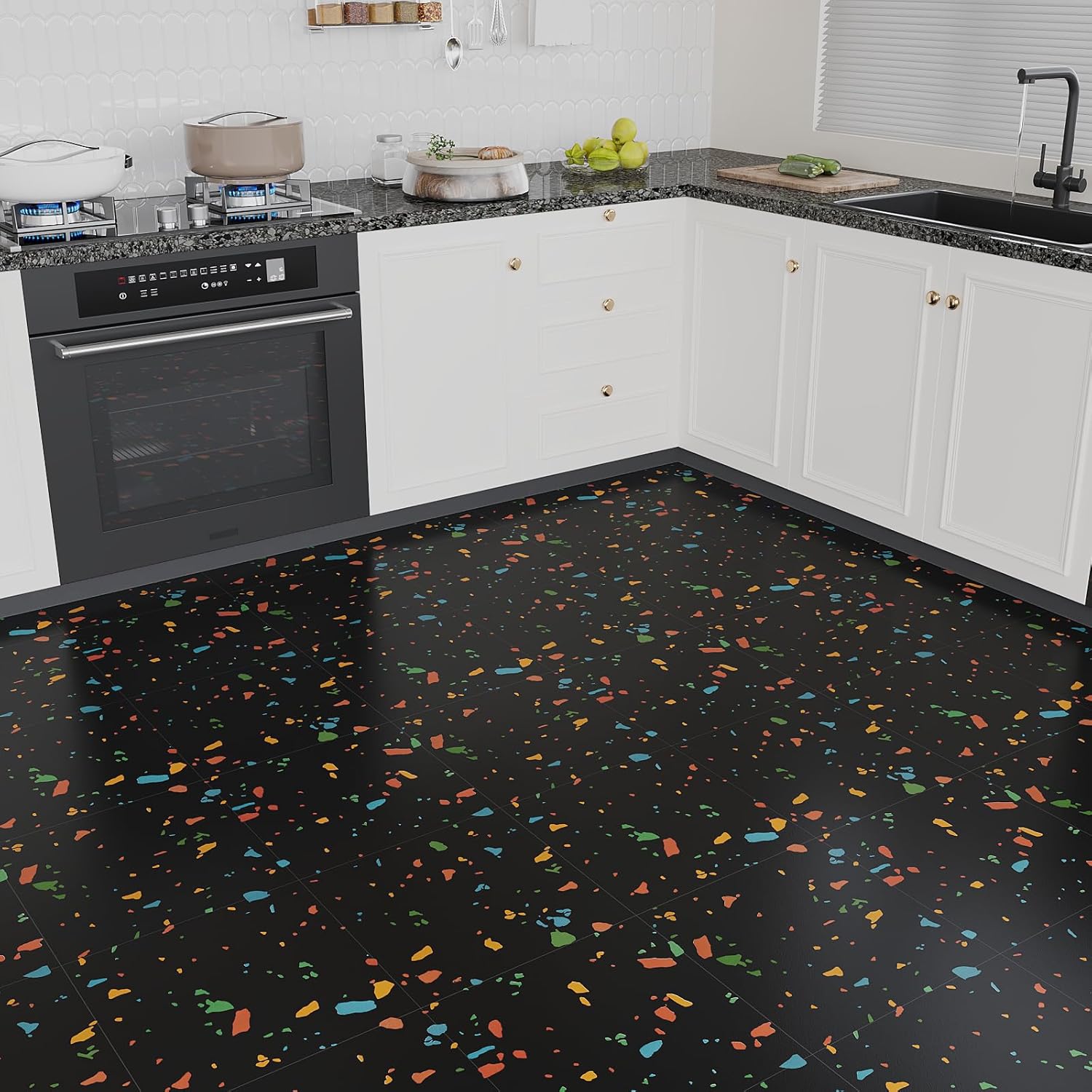 VEELIKE 24 Pack Terrazzo Peel and Stick Floor Tile Black Vinyl Floor Tiles Peel and Stick Waterproof Black Vinyl Flooring for Bathroom Kitchen RV 12''x12'' Self Adhesive Renter Friendly Floor Tile