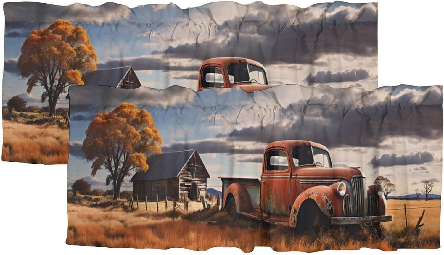 Old Vintage Farm Truck Blackout Kitchen Curtain Valances Western Rustic Barn Antique Car Farmhouse Country Retro Privacy Decorative Rod Pocket Short Window Valance Curtains 54 by 18 in, 2 Panel