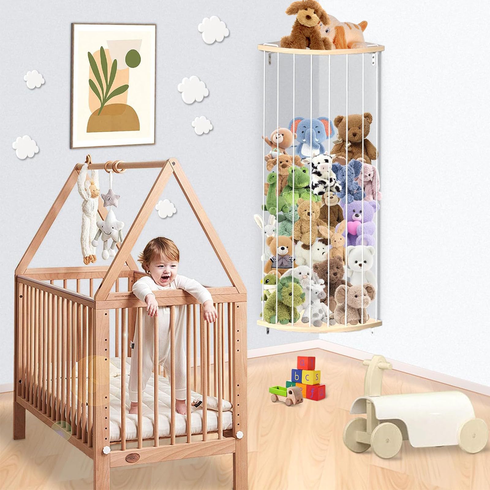 GUIGUZI Kuscheltier Aufbewahrung Organizer, Holz Eck Stofftier Regal, Kinderzimmer Hängend Spielzeug Organizer für Plüschtiere und Teddybären