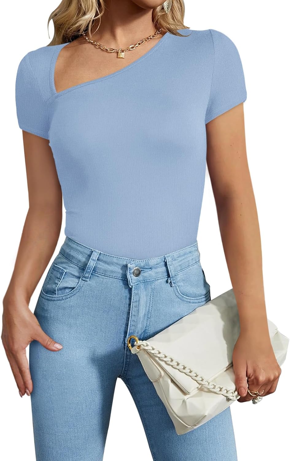 REORIA Women's Sexy Asymmetrical Neck Short Sleeve Ribbed Slimming Thong Bodysuit Tops