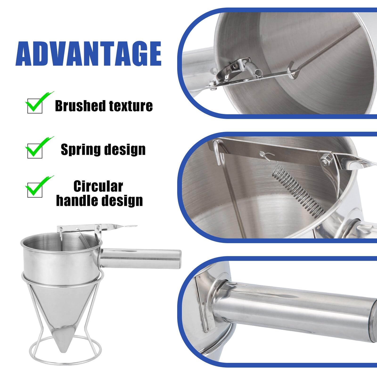 Dispensador de masa para panqueques, 1200 ml, acero inoxidable, multi-calibre, con soporte y 4 boquillas de repuesto