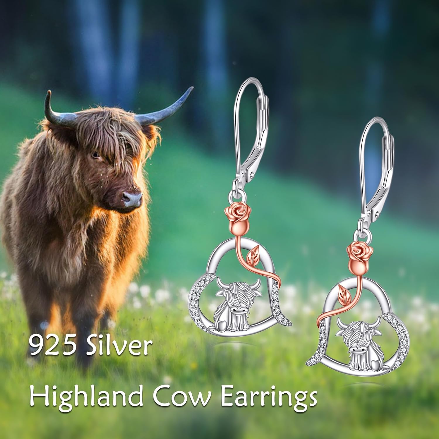 Cow/Raccoon Love Heart Leverback Earrings Sterling Silver Dangle Drop Animal Jewelry Gifts for Women Girls