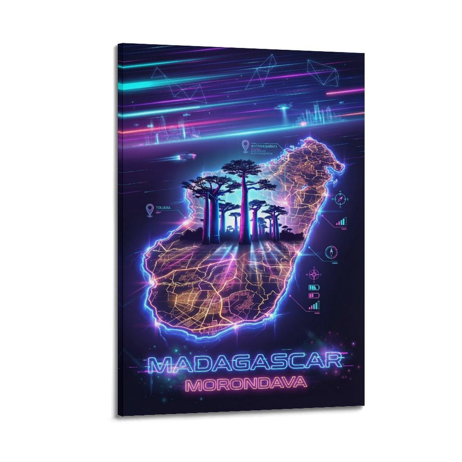 XKUGA Retro Neon Map Gamer Room Poster Madagascar Modern Decorative Canvas Prints - Ideal Wall Art for Family, Man Cave, Game Room, Boys & Girls Bedroom 24x36inch(60x90cm)