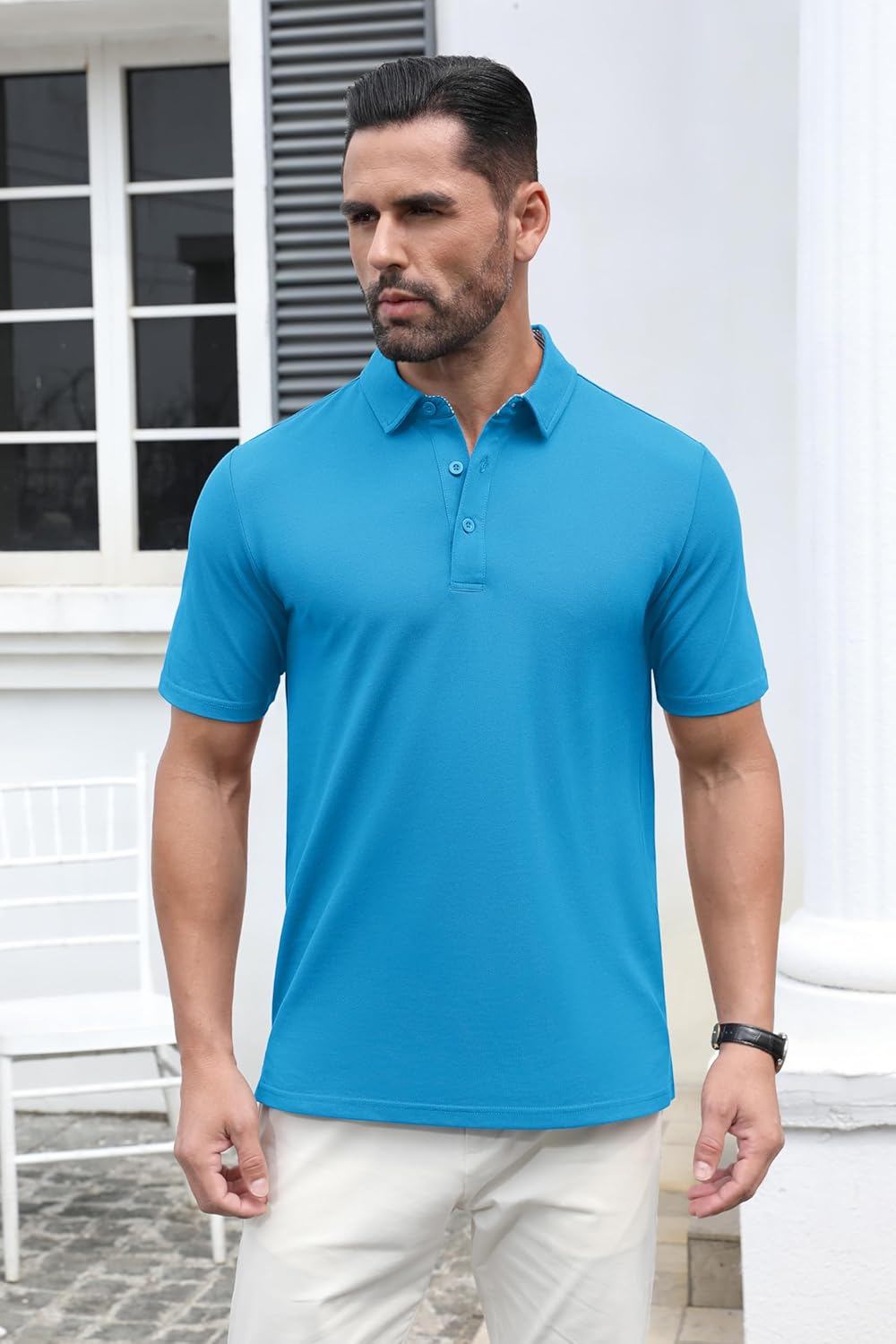 MAGCOMSEN Men's Polo Shirts Short Sleeve Cotton Pique 3 Button Classic Fit Casual T-Shirt Performance Golf Shirts Small Azure image 4 of 6 B0C9ZZPHHZ