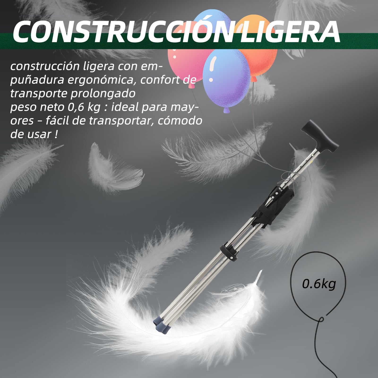 Bastón con soporte, 80 – 90 cm, plegable y altura regulable, base de silicona antideslizante, soporta hasta 150 kg, para personas mayores de 140 – 190 cm (negro)