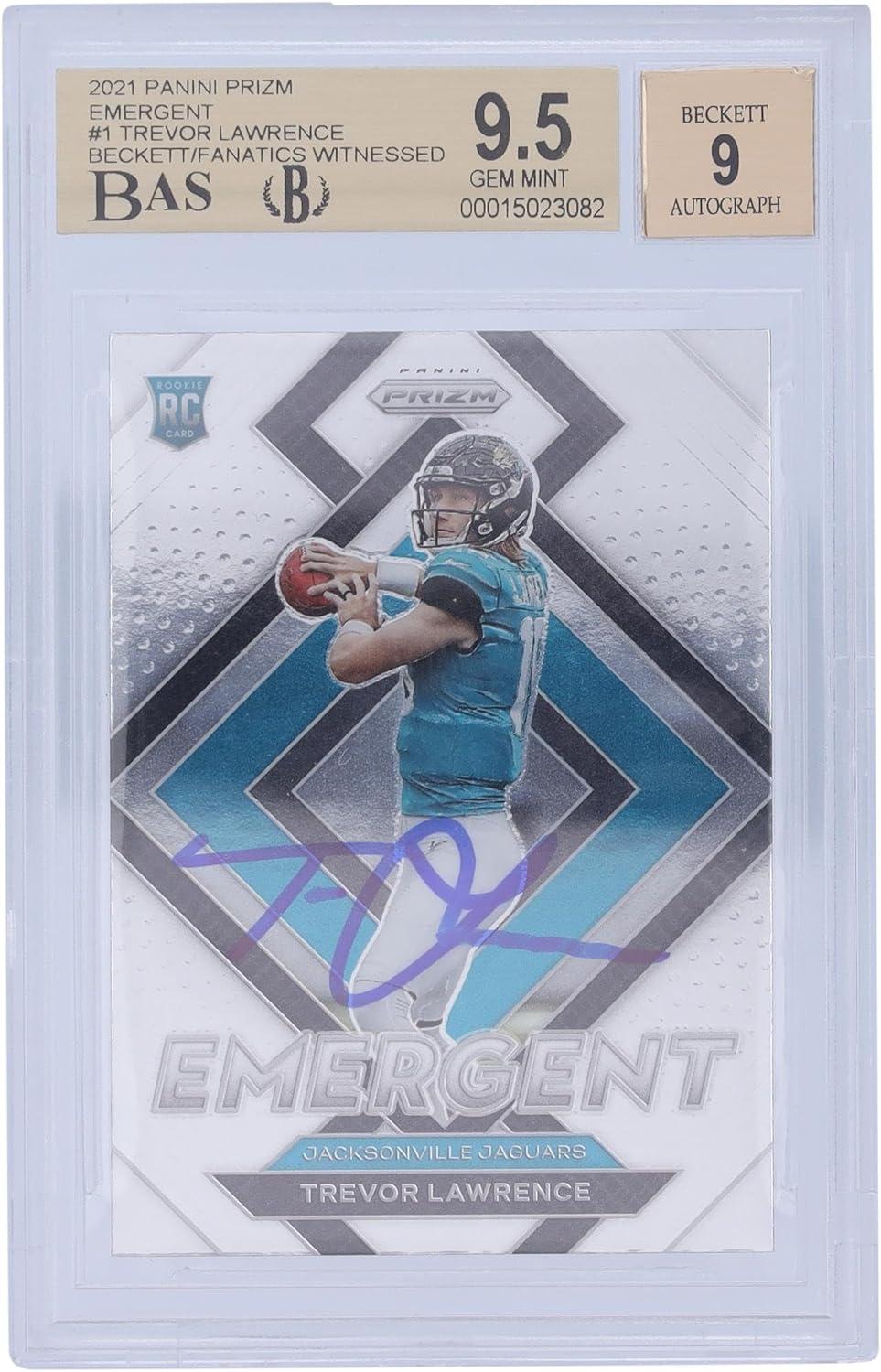 Trevor Lawrence Jacksonville Jaguars Autographed 2021 Panini Prizm 1 Emergent #E-1 Beckett Fanatics Witnessed Authenticated 9.5/9 Rookie Card - Football Slabbed Autographed Rookie Cards