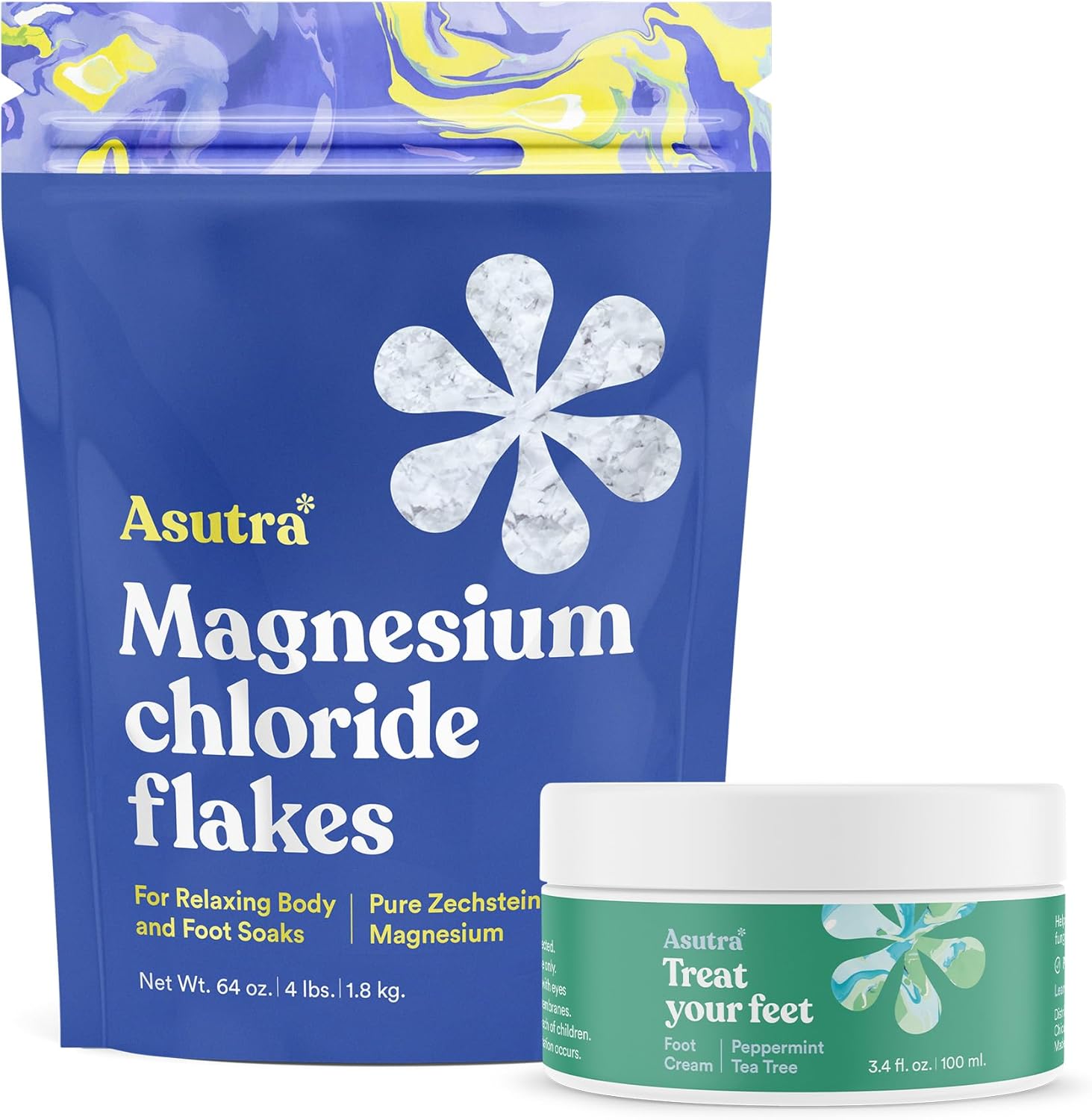 ASUTRA Bundle Set - 1 Magnesium Chloride Bath Flakes and 1 Treat Your Feet Foot Cream