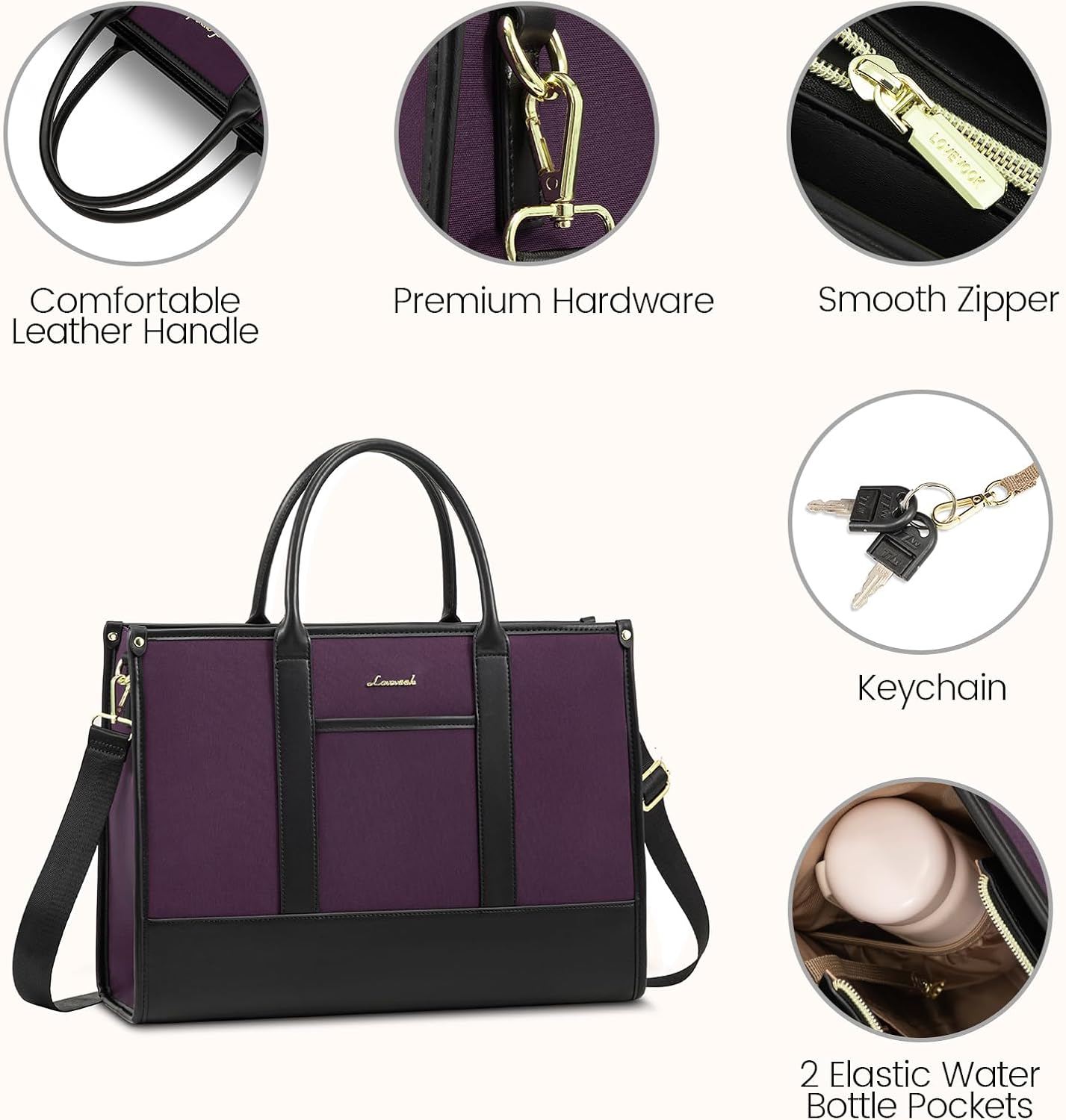 LOVEVOOK Laptop Tote Bags for Women Canvas Work Bag 15.6 inch Large Professional Teacher Purse Lightweight Computer Bag Briefcase Business Office, Purple-black - Image 5