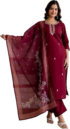 TRENDMALLS Womens Chanderi Cotton Embroidery Sequence Work Summer Ethnic Wear Kurta Pant with Dupatta Set