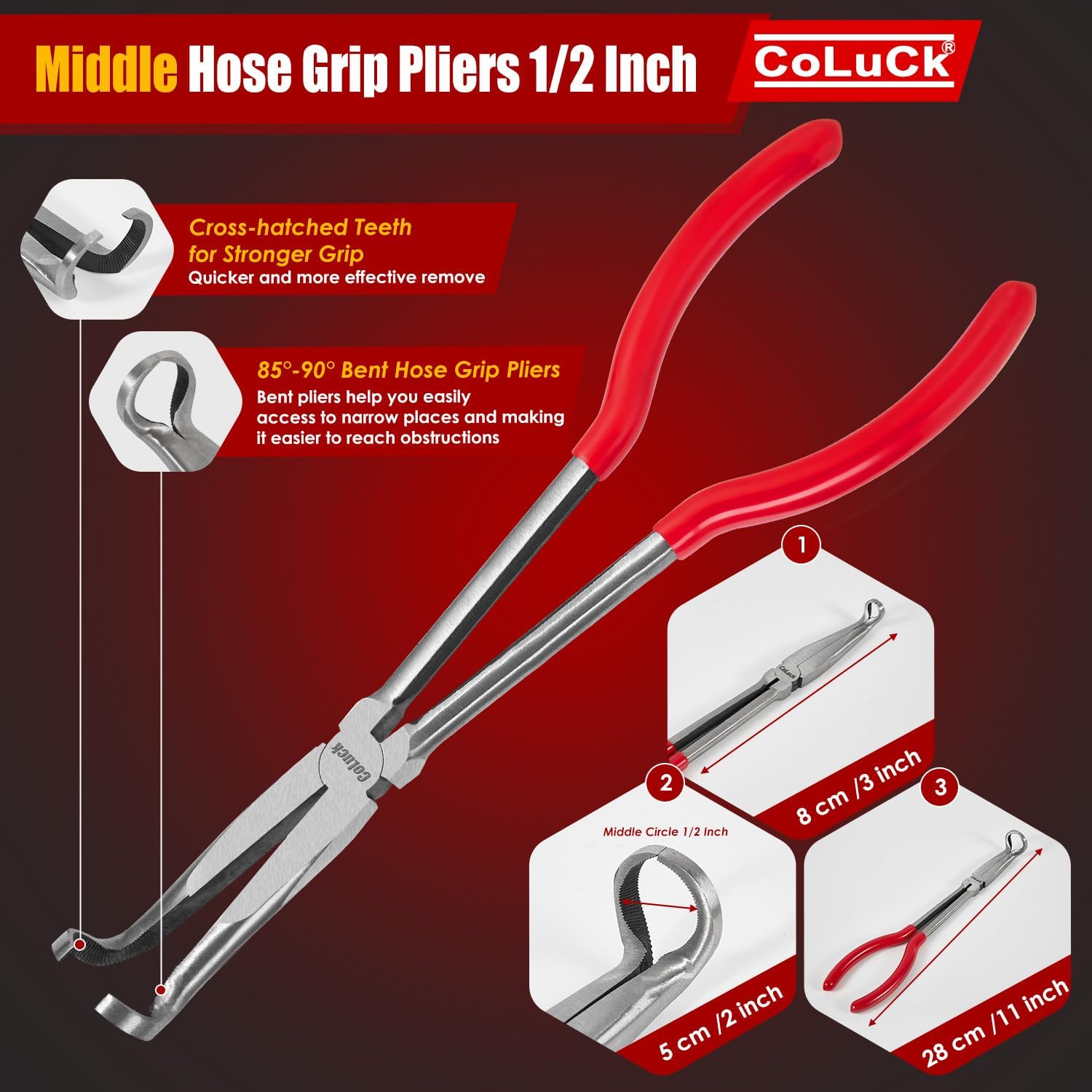 3Pcs 11" Hose Gripper Plier Set, 5/16-Inch, 1/2-Inch, 3/4-Inch Dia, Offset Spark Plug Boot Removal Pliers Serrated Jaws For Canon Plug Electrical Connectors Hard to Reach Narrow Spaces