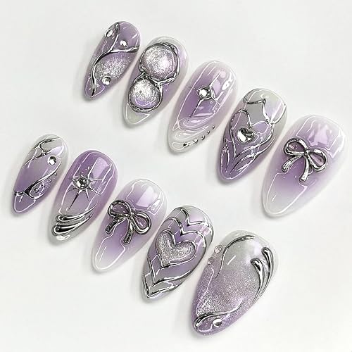 24Pcs Purple Press on Nails Medium False Nails with Rhinestones Designs French Tip Press on Y2K Sparkling Gradient Acrylic Nails Stick on Nail Silver Bow Almond-shaped Nail Tips Glue on Nail for Women - Colorful -37