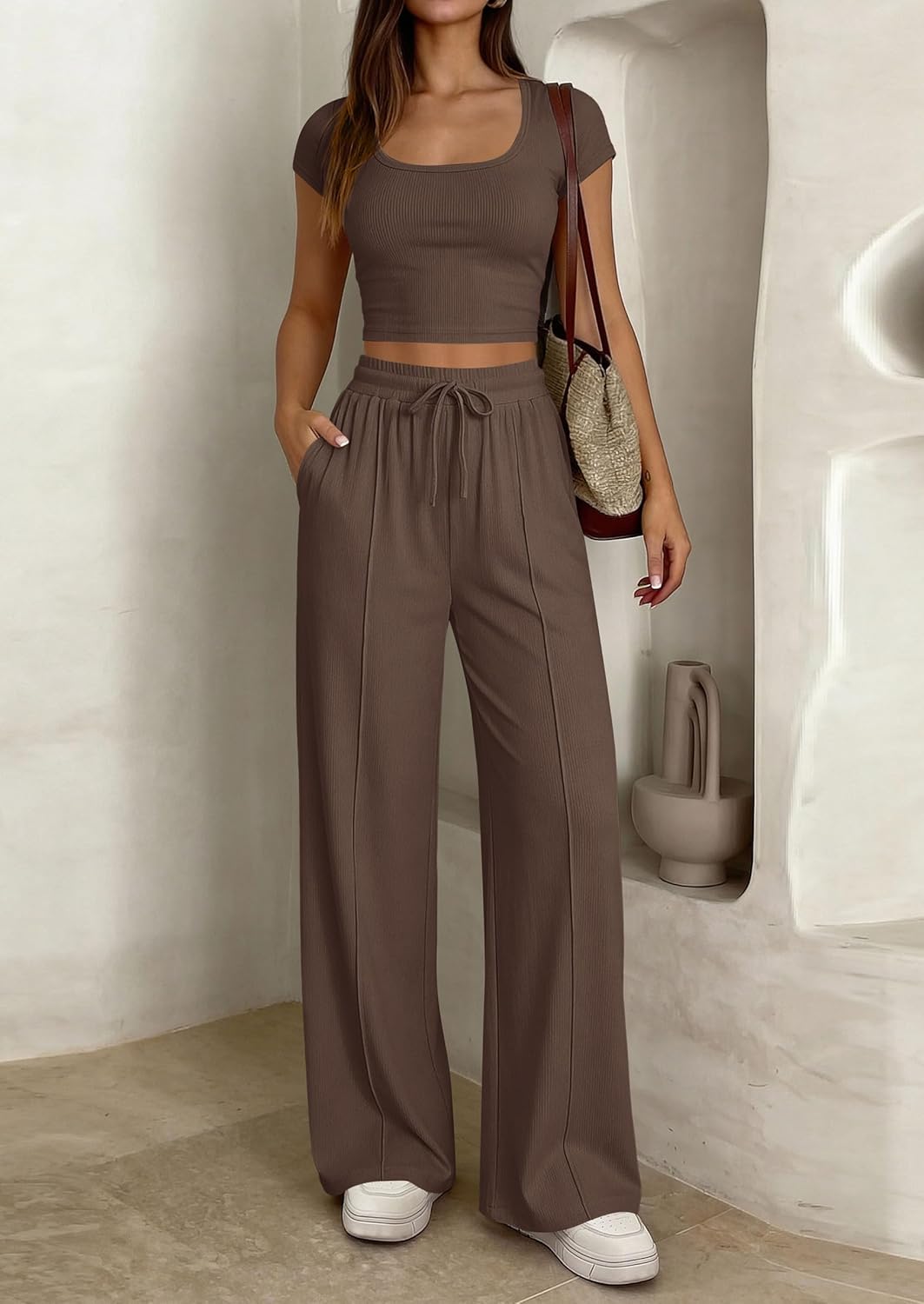 PRETTYGARDEN Women's 2 Piece Matching Lounge Sets Ribbed Short Sleeve Crop Tops Wide Leg Pants 2026 Summer Airport Outfits - Image 2