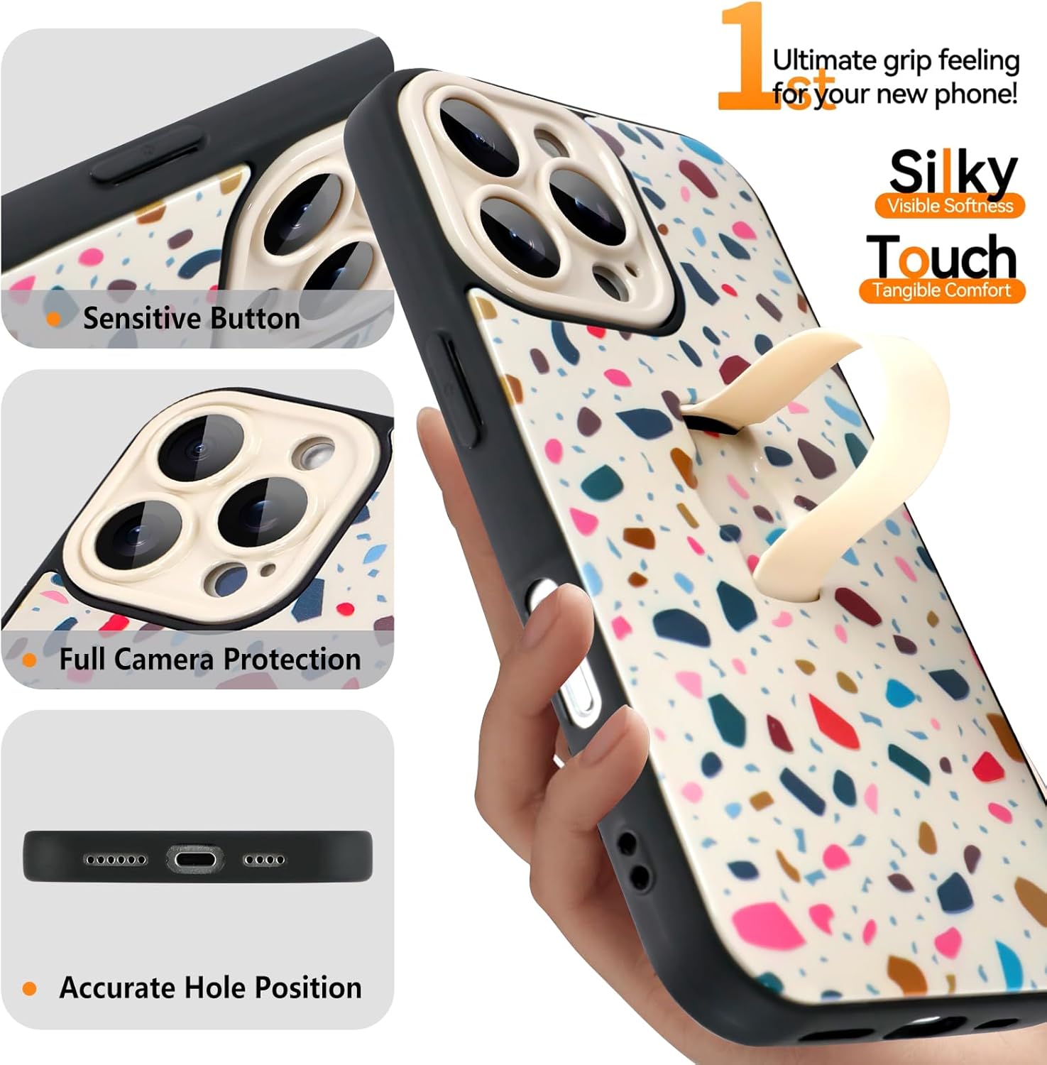 SAKUULO for iPhone 16 Pro Case with Finger Hand Strap Kickstand, Cream Terrazzo Print Pattern Phone Case for Women Men, Strengthen Protection Cover, Cream Terrazzo (6.3") - Image 3