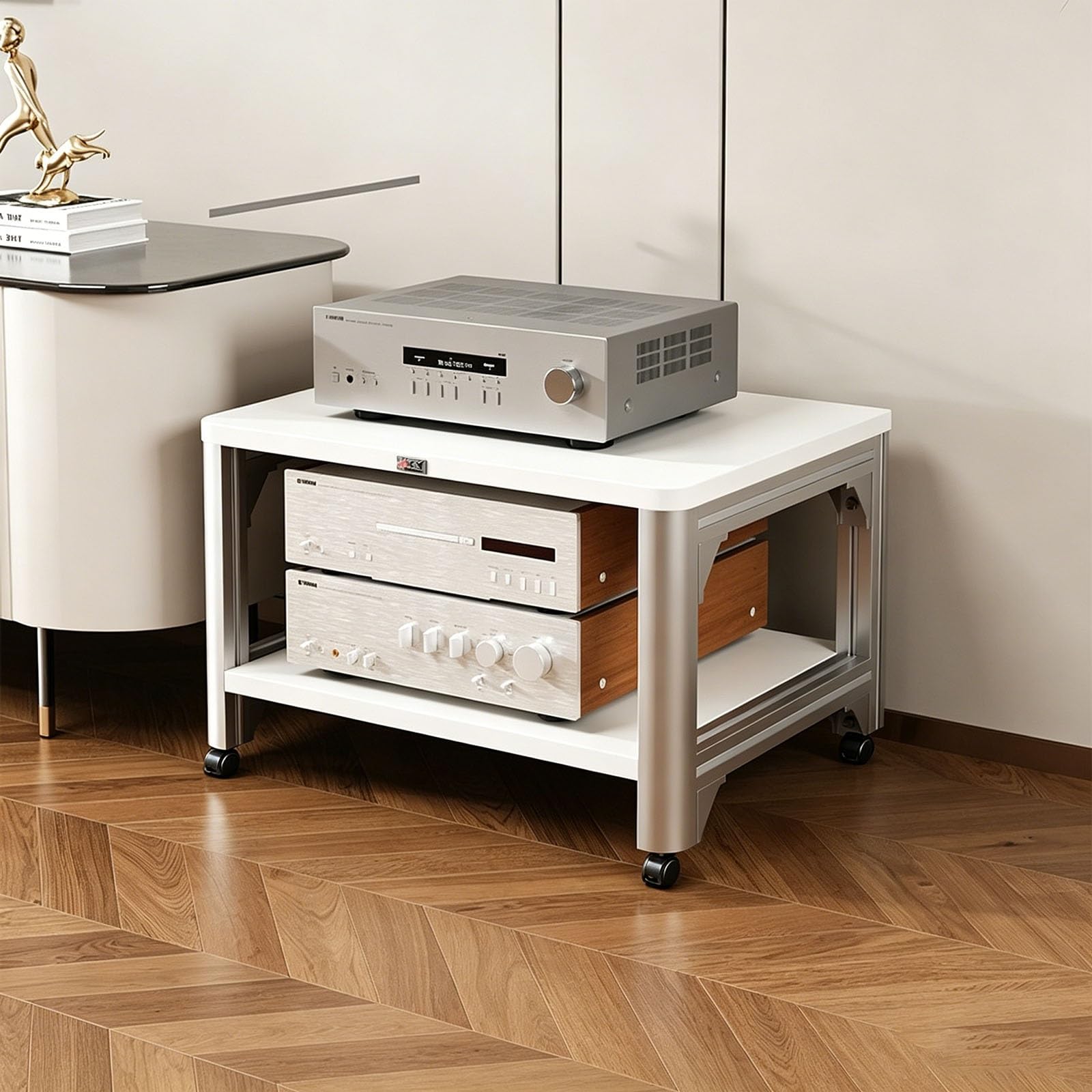 Torre de estante de audio blanco en madera maciza para componentes estéreo de 22x18.8 pulgadas