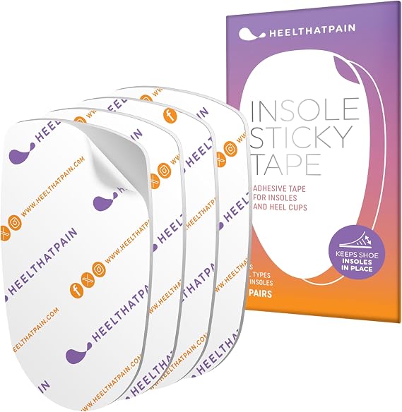 Heel That Pain Insole Sticky Tape (4 Pairs) - Double Sided Adhesive for Shoe Insoles and Heel Cups, Keeps Orthotic Inserts in Place - One Size Fits Most